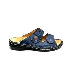 Vintage Y2K blue metallic leather dual strap chunky wedge sandals